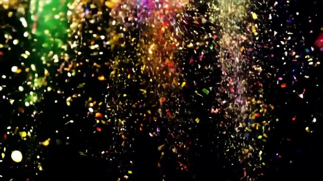 Colorful Glittering Mardi Gras Confetti Falling Against Black Background, Loopable 3D Animation