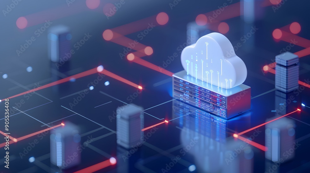 Aufkleber a futuristic cloud computing concept with glowing blue cloud icon, data blocks, and network nodes in