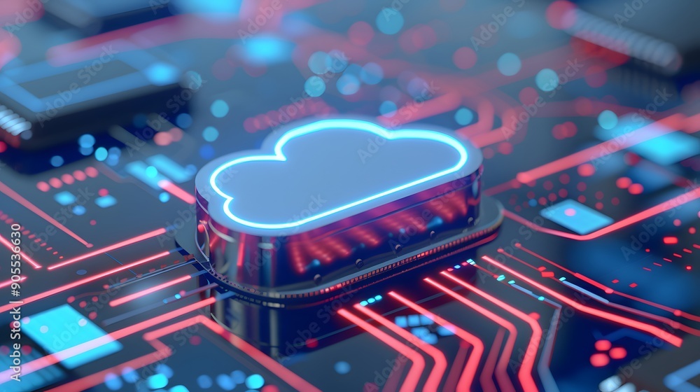 Poster a futuristic illustration of cloud computing technology with neon lights and microchip circuits, rep