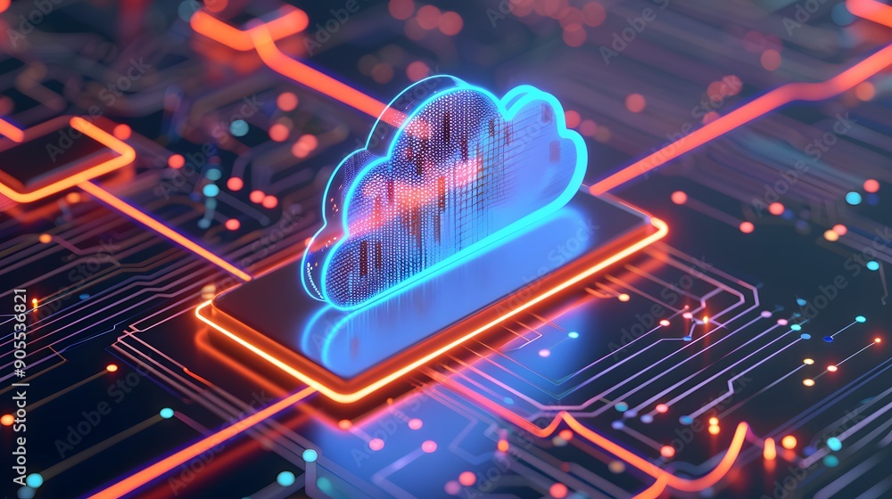 Poster a glowing cloud icon on a circuit board, representing the concept of cloud computing and technology.