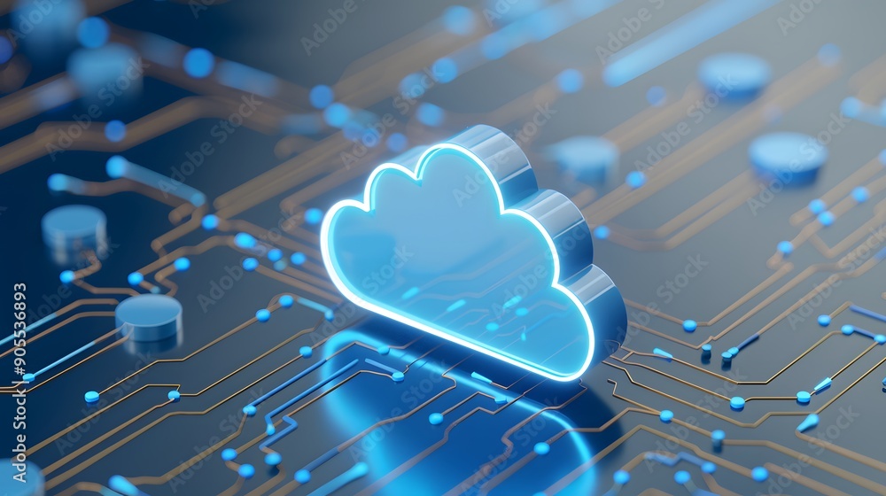 Poster a glowing cloud symbol on a circuit board represents cloud computing and digital connectivity in a m