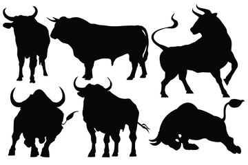 Angry running bull icon illustration. Bull vector illustration. Domestic animal. Buffalo collection. Farm animal. Black silhouette bull financial icons.