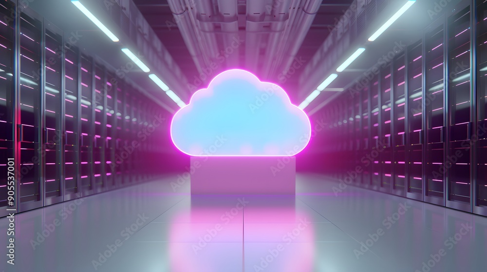 Poster a glowing neon cloud icon in a futuristic data center, representing cloud computing and data storage