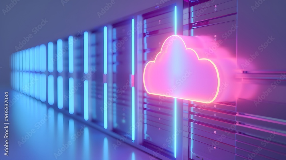Poster a modern data center featuring a vibrant neon cloud symbol, representing cloud computing and data st