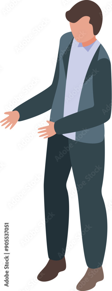 Poster businessman is standing and gesturing with his hands as if presenting something