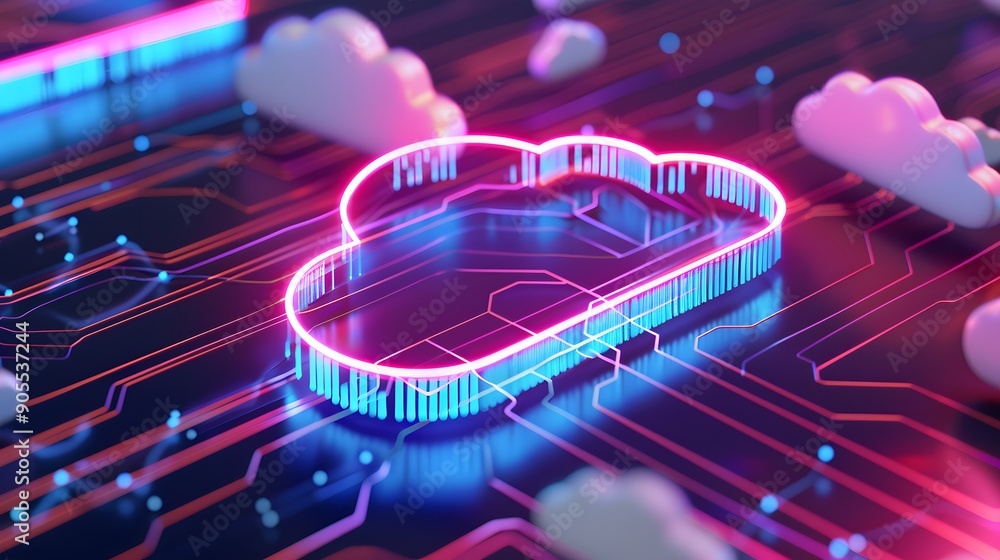 Poster a vibrant neon cloud symbol on a futuristic circuit board representing cloud computing, technology, 