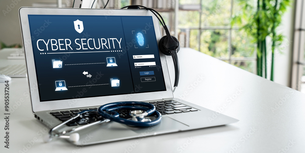 Poster cyber security system on computer screen protect private information snugly from hacker and cyber at
