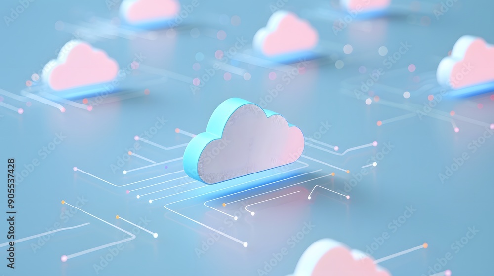Poster abstract 3d illustration of multiple cloud computing icons connected by network lines over a blue ba