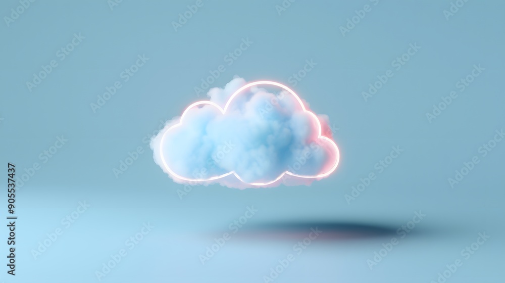 Poster abstract 3d render of a fluffy cloud with a soft pink glow floating on a blue gradient background, r