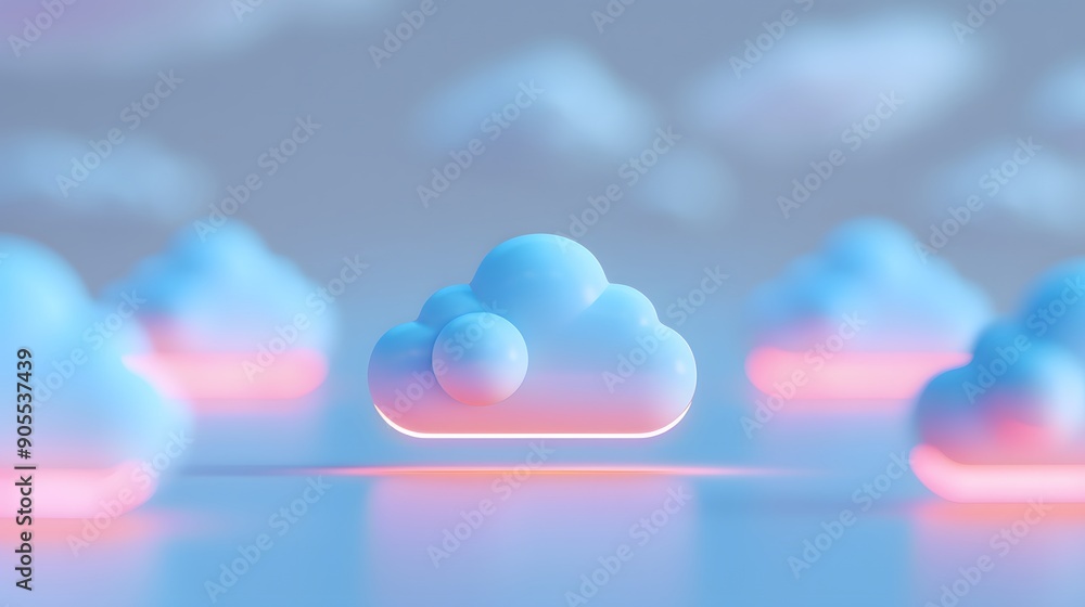 Poster abstract 3d render of soft blue clouds with glowing pink outlines floating on a reflective surface, 