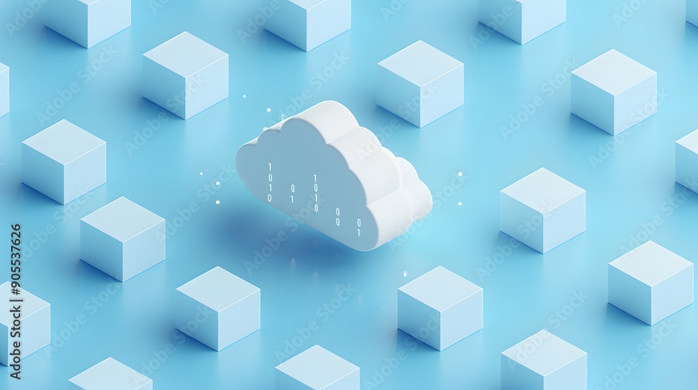 Poster abstract cloud computing concept with a cloud icon surrounded by geometric cubes on a blue backgroun