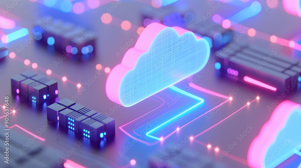 Poster Abstract cloud computing concept in neon colors, depicting data storage, server connectivity, digital cloud infrastructure.