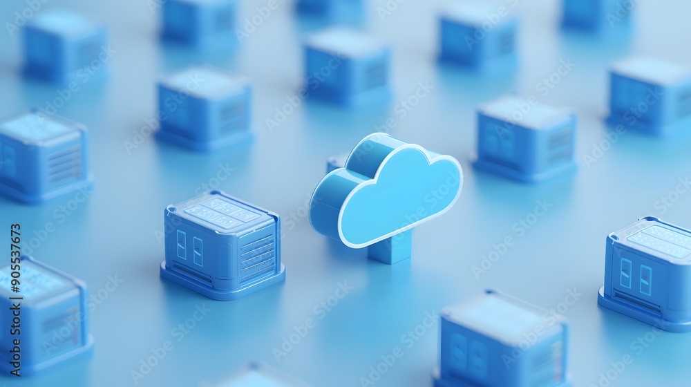Poster abstract cloud computing concept with blue server and cloud icons on a light blue background.