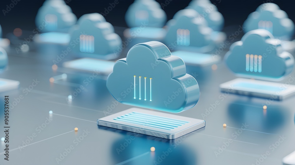 Poster abstract cloud computing concept with digital cloud icons connected in a network, representing data 