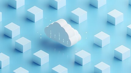 Abstract cloud computing concept with a cloud icon surrounded by geometric cubes on a blue background, representing data storage and technology.