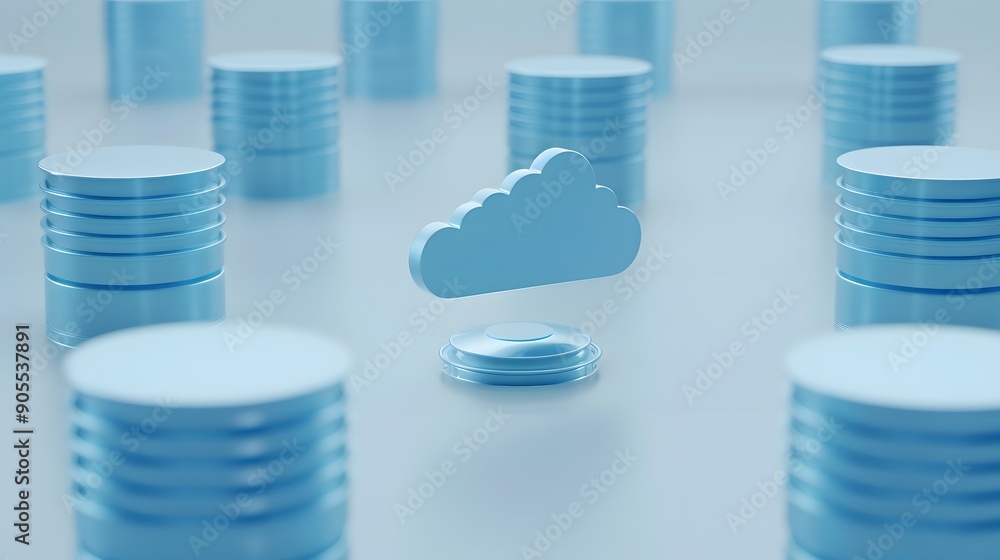 Poster abstract concept representing cloud computing and data storage solutions with floating cloud icon an