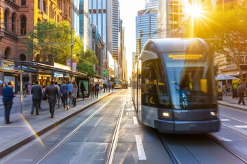 Fototapeta premium Tram Passing Through a City Street on a Sunny Day