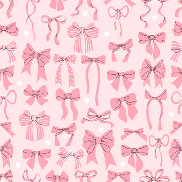 Coquette seamless pattern pink ribbon bow on light pink background background. Vector illustration. Trendy patterned girly backdrop