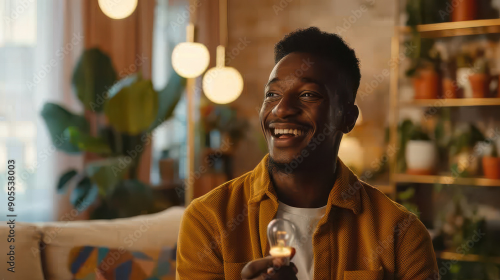 Poster cheerful host introducing the latest wifi home automation technology to subscribers with a smart lig