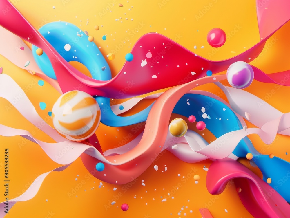 Poster abstract background with colorful flowing liquid and spheres.