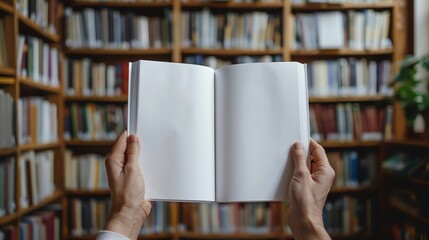 An open book held in hands, surrounded by a library setting, inviting creativity and imagination in a quiet environment.
