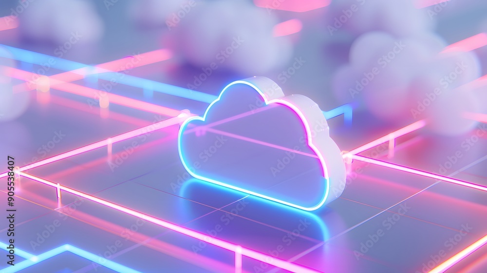Poster abstract image of glowing neon cloud icon representing cloud computing and digital connections in a 