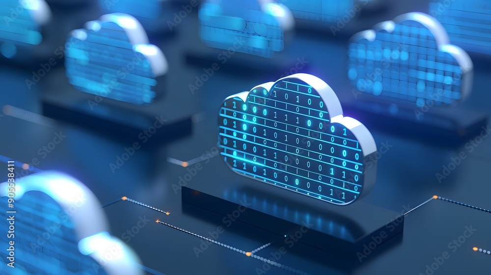 Poster abstract image of multiple blue cloud icons representing cloud computing, connectivity, and data sto