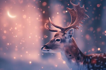 Close-Up Portrait of a Male Deer with Ornate Antlers: Mottled Brown and White Coat, Calm Demeanor, High Detail in Pastel Soft Tones with Dramatic Light