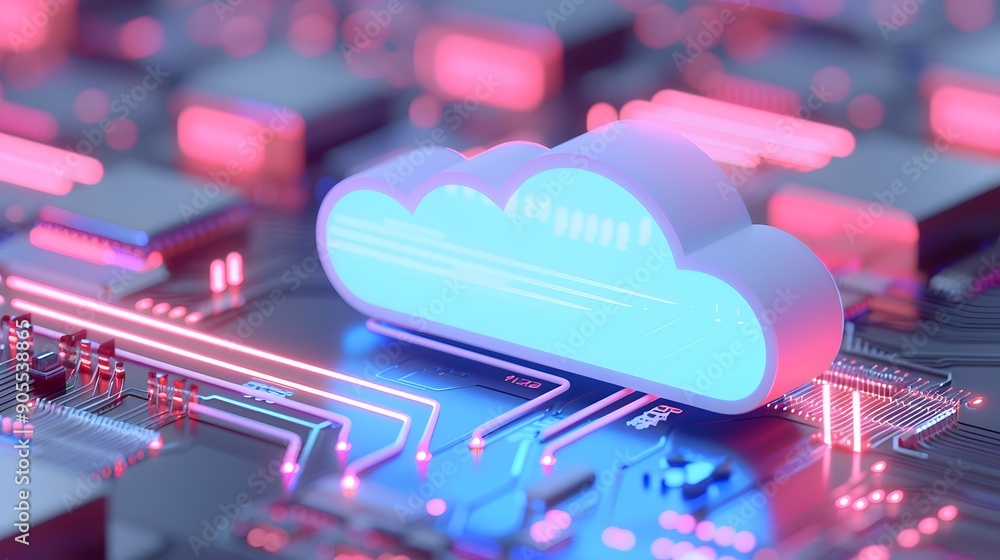 Aufkleber abstract representation of cloud computing technology with neon lights and circuit board for digital