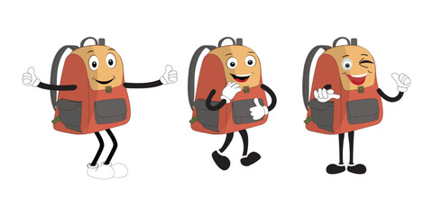 A set of cartoon backpack mascots with different expressions and poses. Perfect for educational materials, promotional graphics