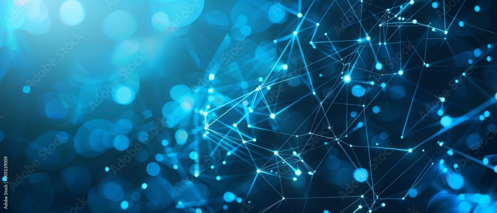 Poster abstract blue background with glowing lines and bokeh.