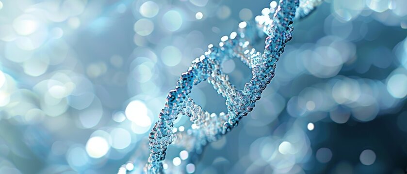 Abstract blue DNA strand on a bokeh background.