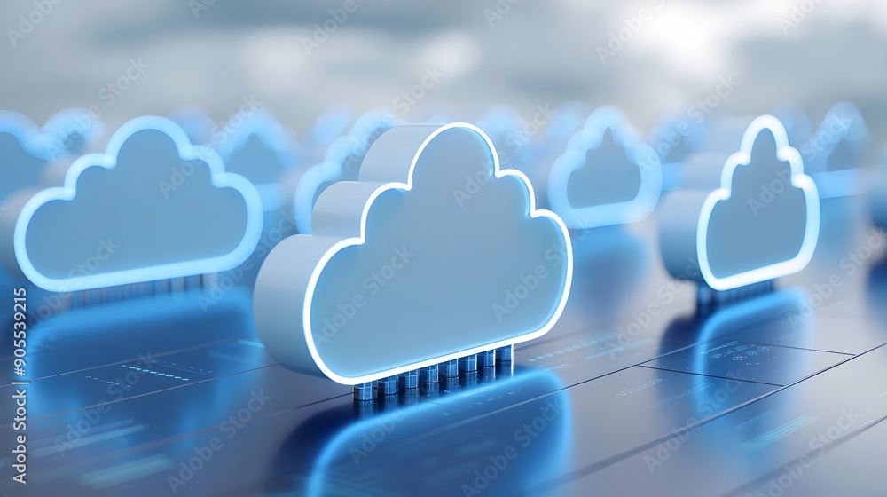 Poster blue cloud computing icons on a reflective surface, representing cloud technology and data storage. 