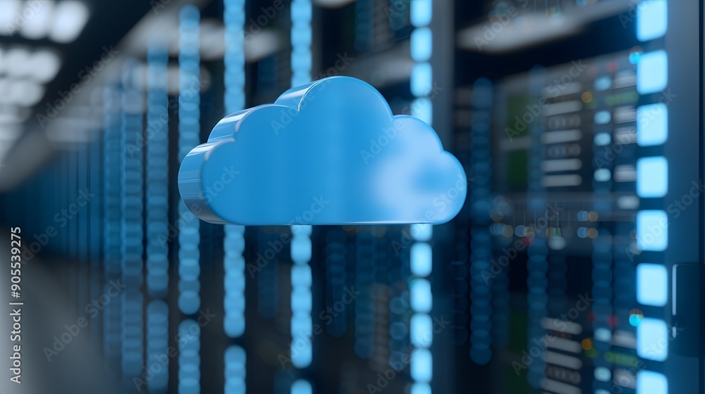 Poster blue cloud icon floating in a data center with digital servers in the background, representing cloud