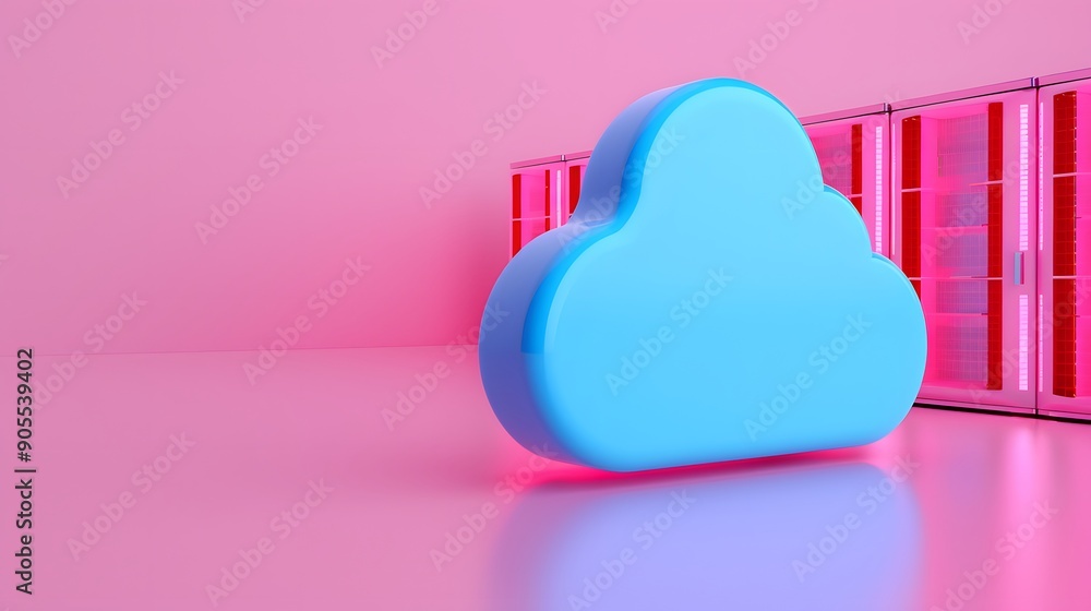 Poster blue cloud icon in modern pink setting next to server racks, symbolizing cloud computing and data st