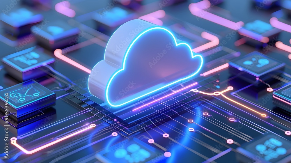 Poster Blue cloud icon on a circuit board representing cloud computing and data technology innovation with neon lights and modern digital elements.