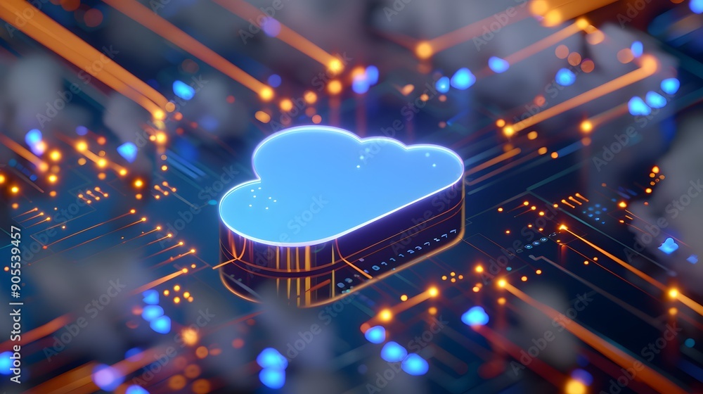 Poster blue cloud icon on printed circuit board with glowing connections, representing cloud computing and 