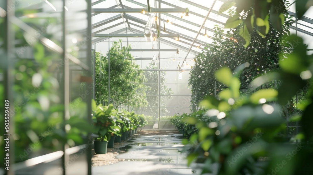 Poster sunlight streams through the glass panels of a greenhouse, illuminating rows of lush greenery and po
