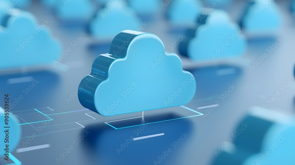 Aufkleber blue cloud icons representing cloud computing and data storage on a reflective surface, symbolizing 