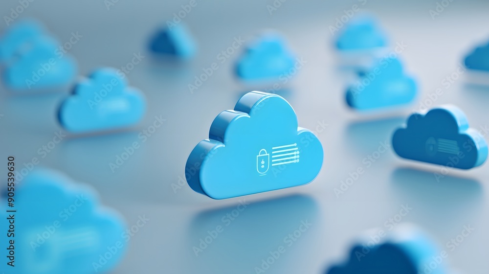 Poster blue cloud icons representing cloud computing and data storage security with a modern, blurred backg
