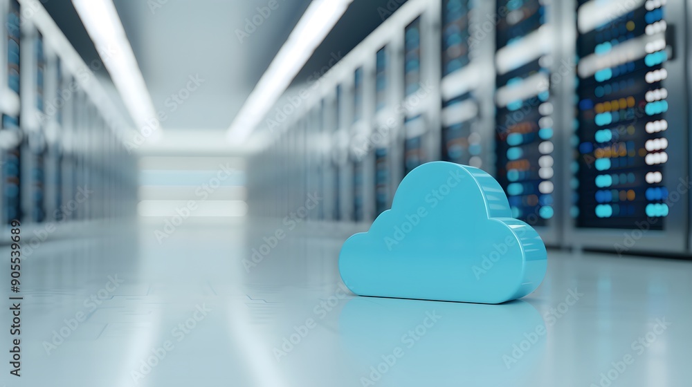 Poster blue cloud symbol in a modern data center aisle, representing cloud storage and computing technology