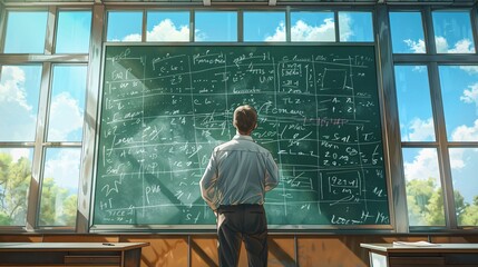 Proficient Educator Explaining Advanced Mathematics on Blackboard in Bright, Spacious Classroom with Large Windows