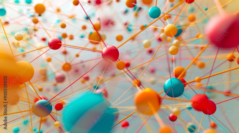 Poster abstract colorful spheres connected by lines, creating a dynamic network.