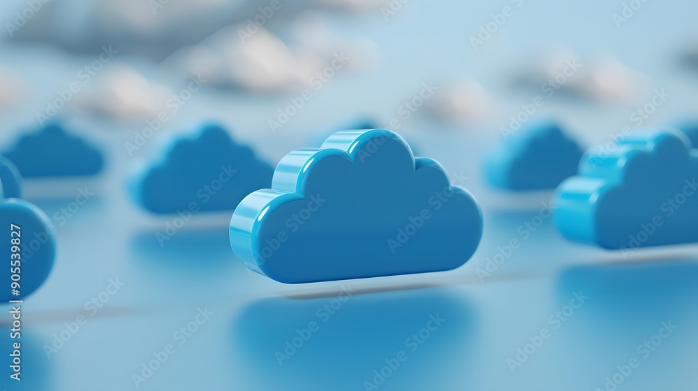 Poster blue cloud-shaped icons arranged in rows, symbolizing cloud computing and data storage. focus on the