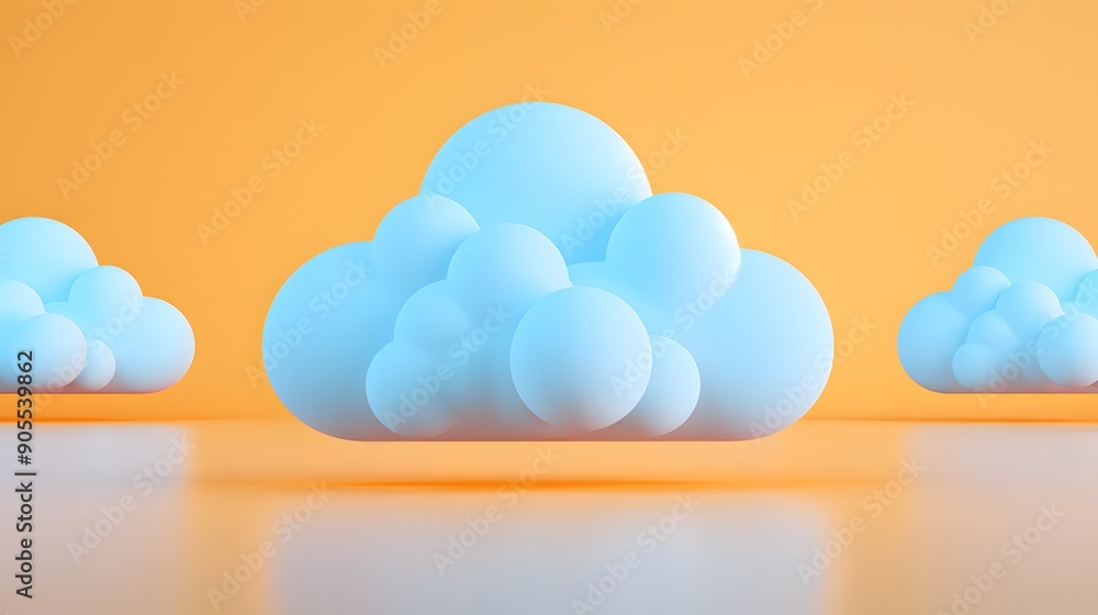 Aufkleber blue fluffy 3d clouds hover against a vibrant orange background, creating a whimsical and surreal sc