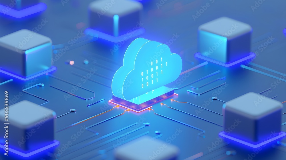 Aufkleber blue glowing cloud computing icon on a circuit board with blocks representing data centers. concept 
