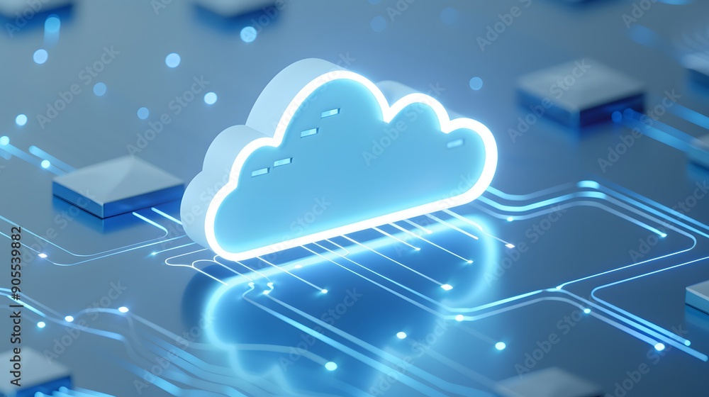 Poster blue glowing cloud symbol on a digital network, representing cloud computing, data storage, and tech