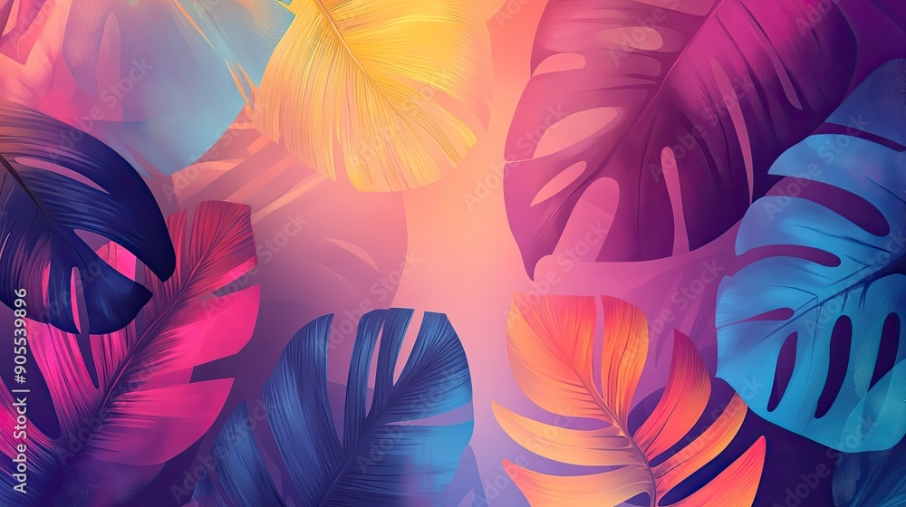 Poster abstract background with a blend of tropical colors and leaf patterns