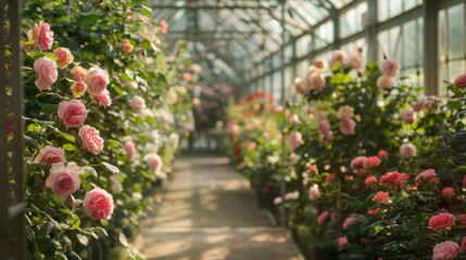 Naklejka premium Vibrant rose bushes display an array of pink blooms inside a sunlit greenhouse filled with flourishing plants.