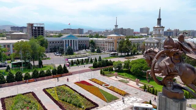 Aerial View of Manas Statue and Bishkek City Hall